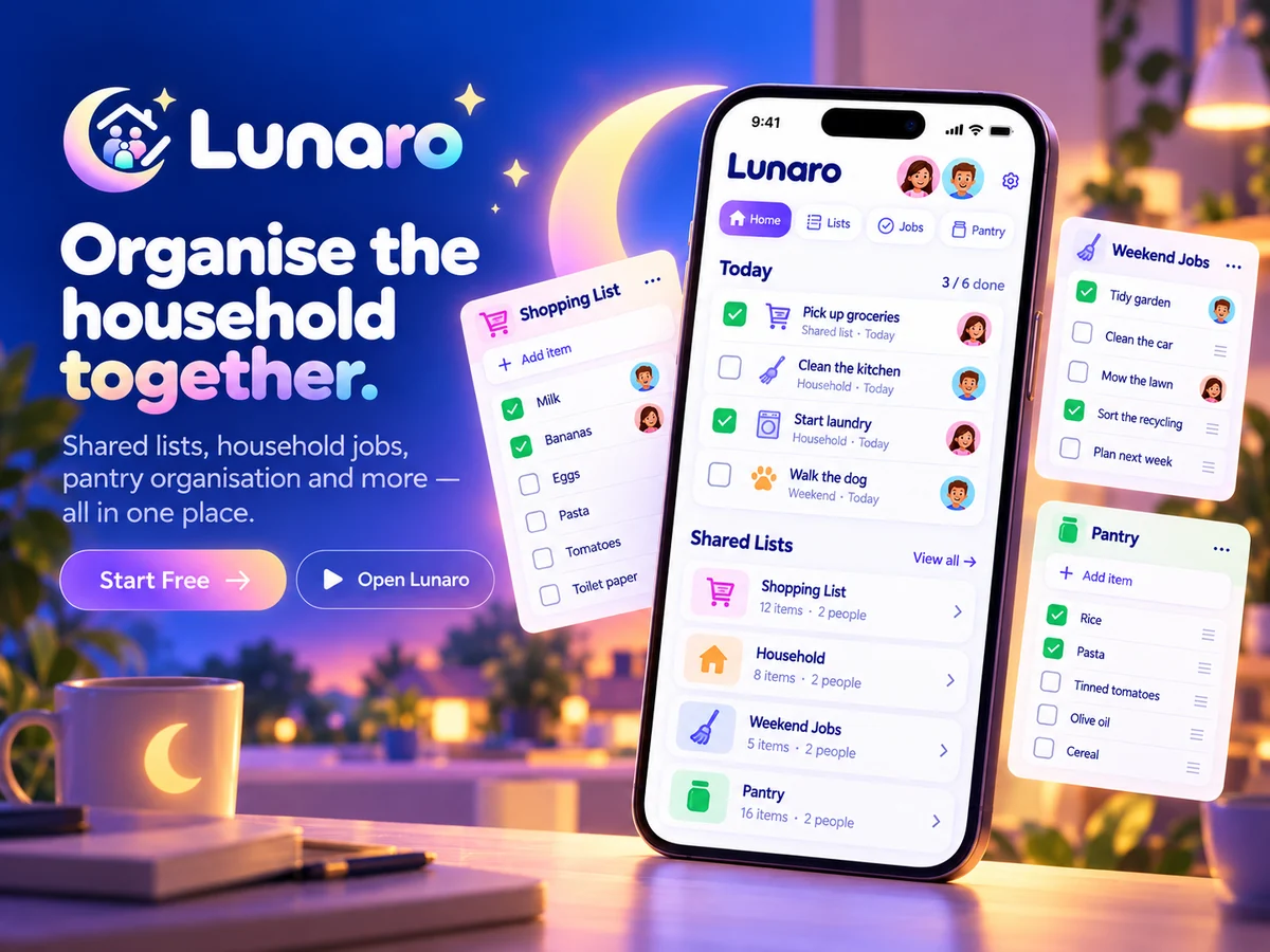 Illustration of shared household lists, including shopping and pantry, beside a phone showing Lunaro.