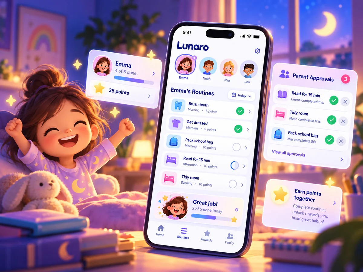 Illustration of a child cheering beside a phone showing kids' routines and parent approvals in Lunaro.