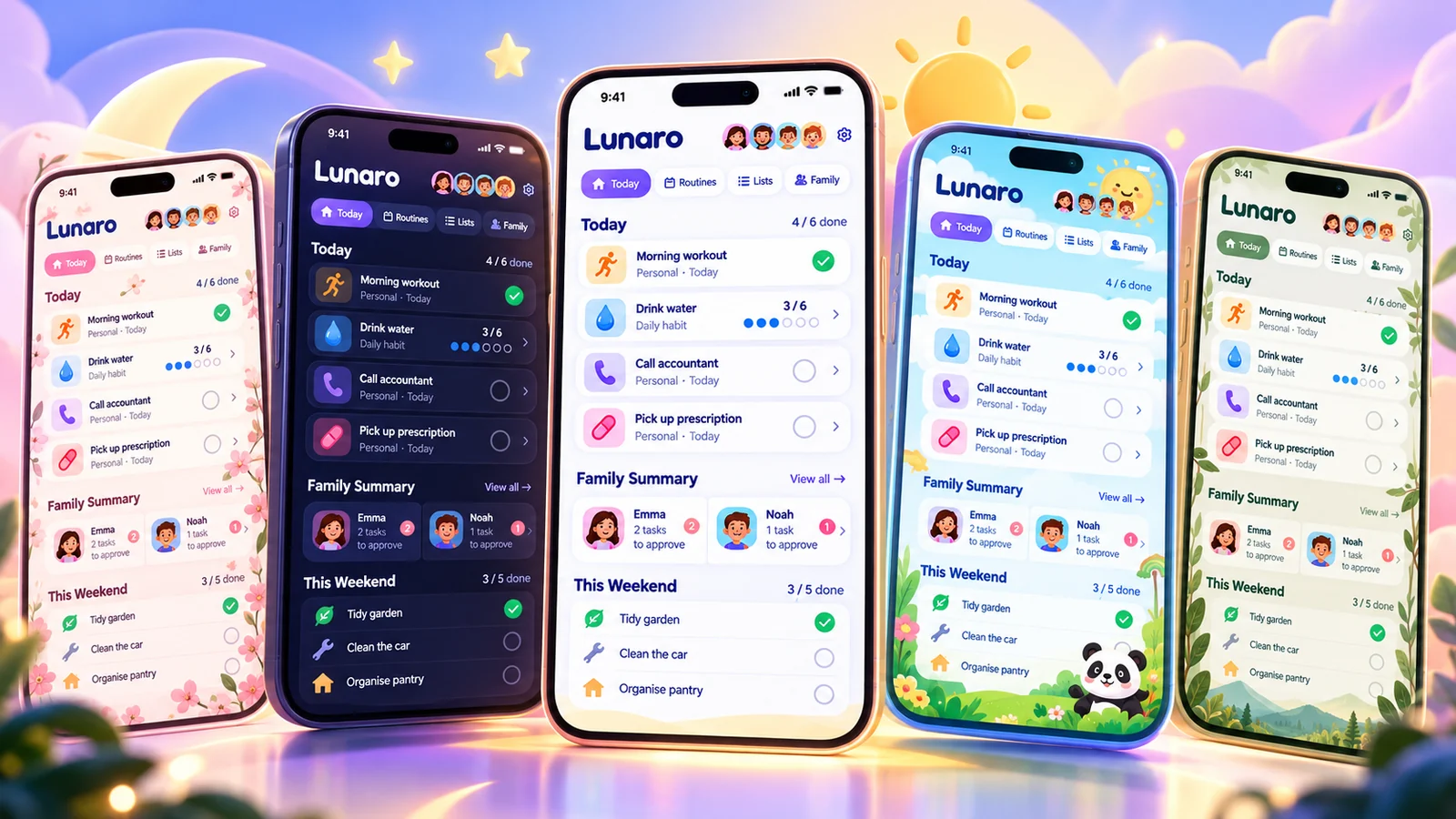 Illustration of five phones showing Lunaro in different colour themes.
